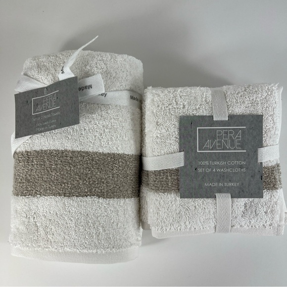 Pera Avenue Luxe Bath Towel Set 100% Turkish Cotton Cream & Tan 8 Piece Set - Picture 9 of 9